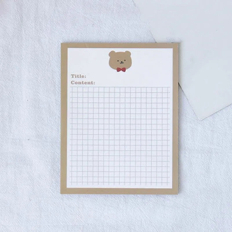 Cartoon design sticky note pads in avocado, bear, love heart, or small flower themes showing two size options
