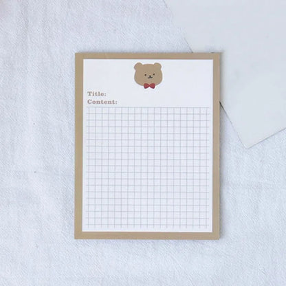 Cartoon design sticky note pads in avocado, bear, love heart, or small flower themes showing two size options
