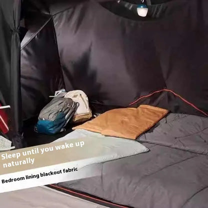 Inflatable four-person camping tent with one bedroom, one living room, rainfly and hand pump