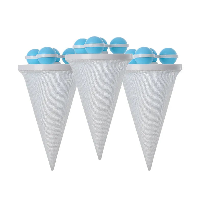 Three reusable washing machine hair filter bags in blue, pink, and purple colours for pet lint removal