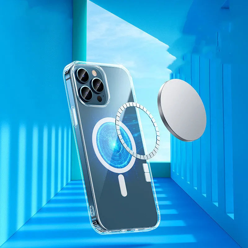 Phone case compatible with iPhone 13, 13 mini, 13 Pro, and 13 Pro Max models featuring MagSafe magnetic suction, airbag anti-fall protection, a transparent solid colour design, and a composite board with TPU construction.