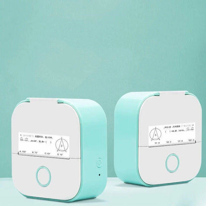 Compact Bluetooth-enabled thermal label printer in white, pink, and green colors with various label options