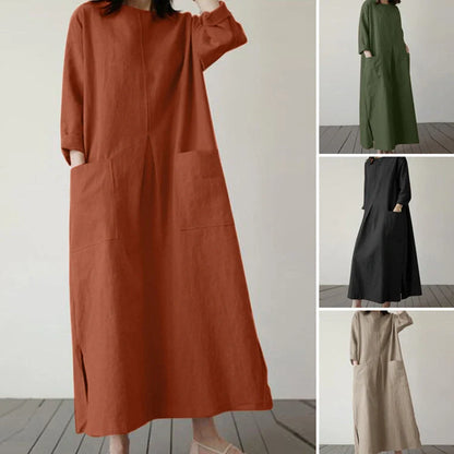 Elegant autumn dress made of premium cotton fabric, with a flattering wide waistline and available in a range of classic autumn colours.