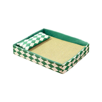 A natural rattan cat litter mat and pet bed in blue, shown in a size suitable for a cat.