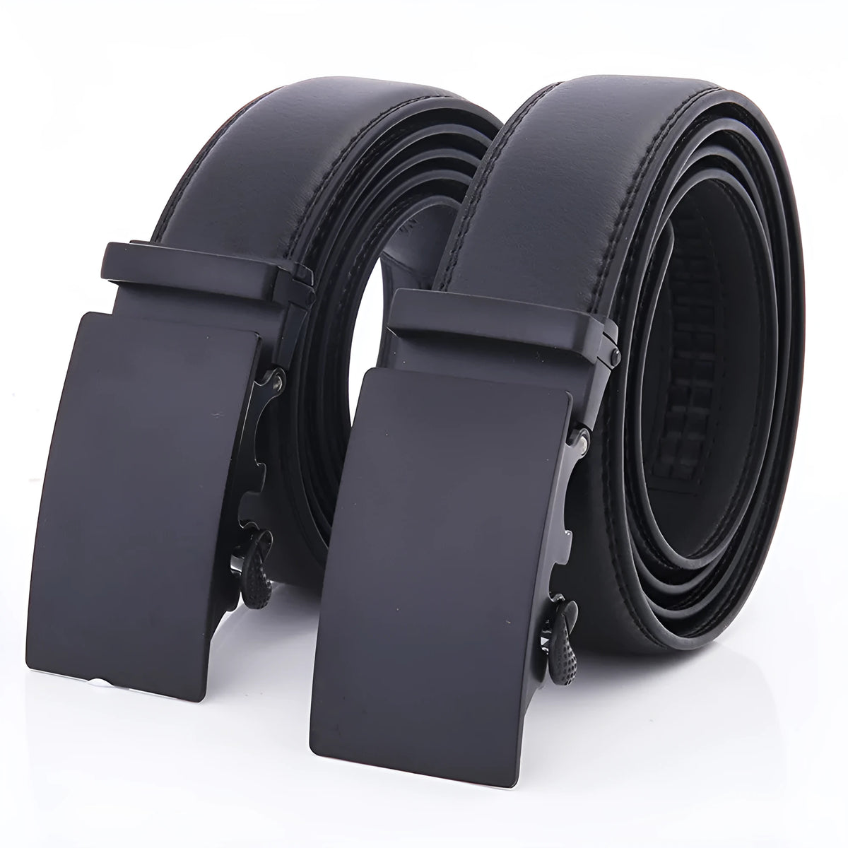 Black men's automatic buckle leather belt in two-layer cowhide with alloy rectangle buckle, 120cm or 130cm