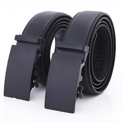 Black men's automatic buckle leather belt in two-layer cowhide with alloy rectangle buckle, 120cm or 130cm