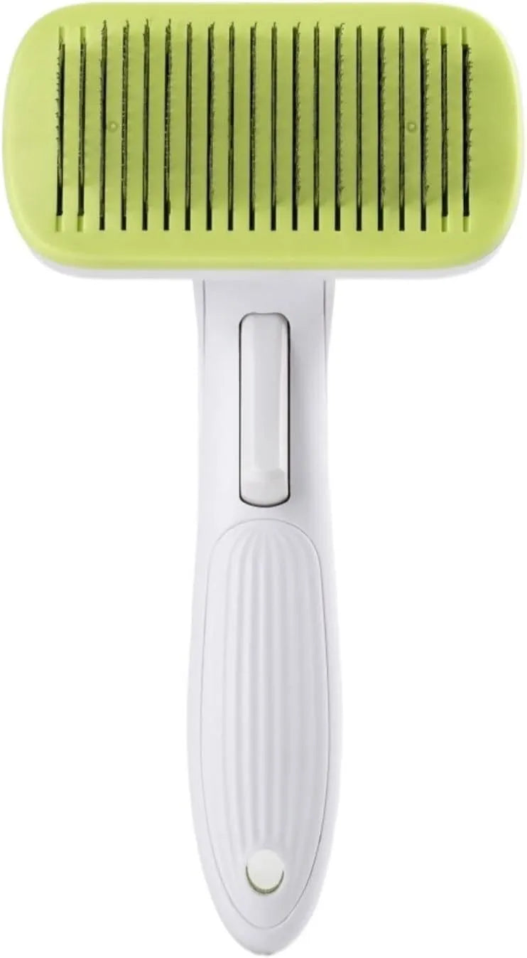 Blue automatic pet comb with one-click button for removing dog and cat hair on a table.