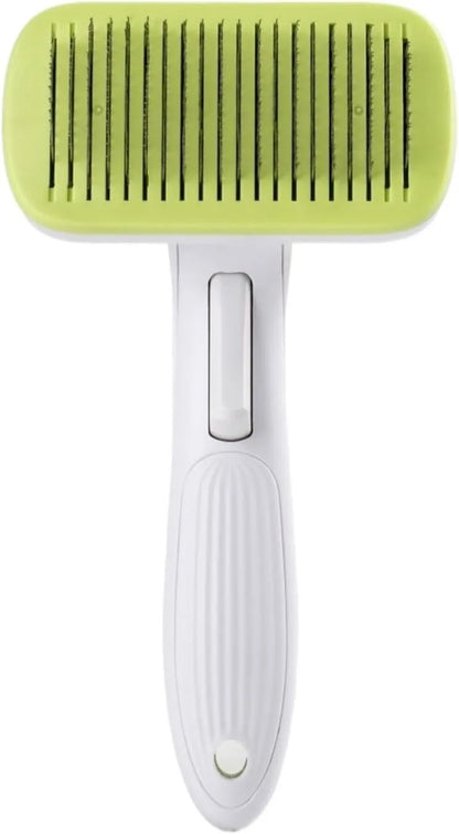 Blue automatic pet comb with one-click button for removing dog and cat hair on a table.