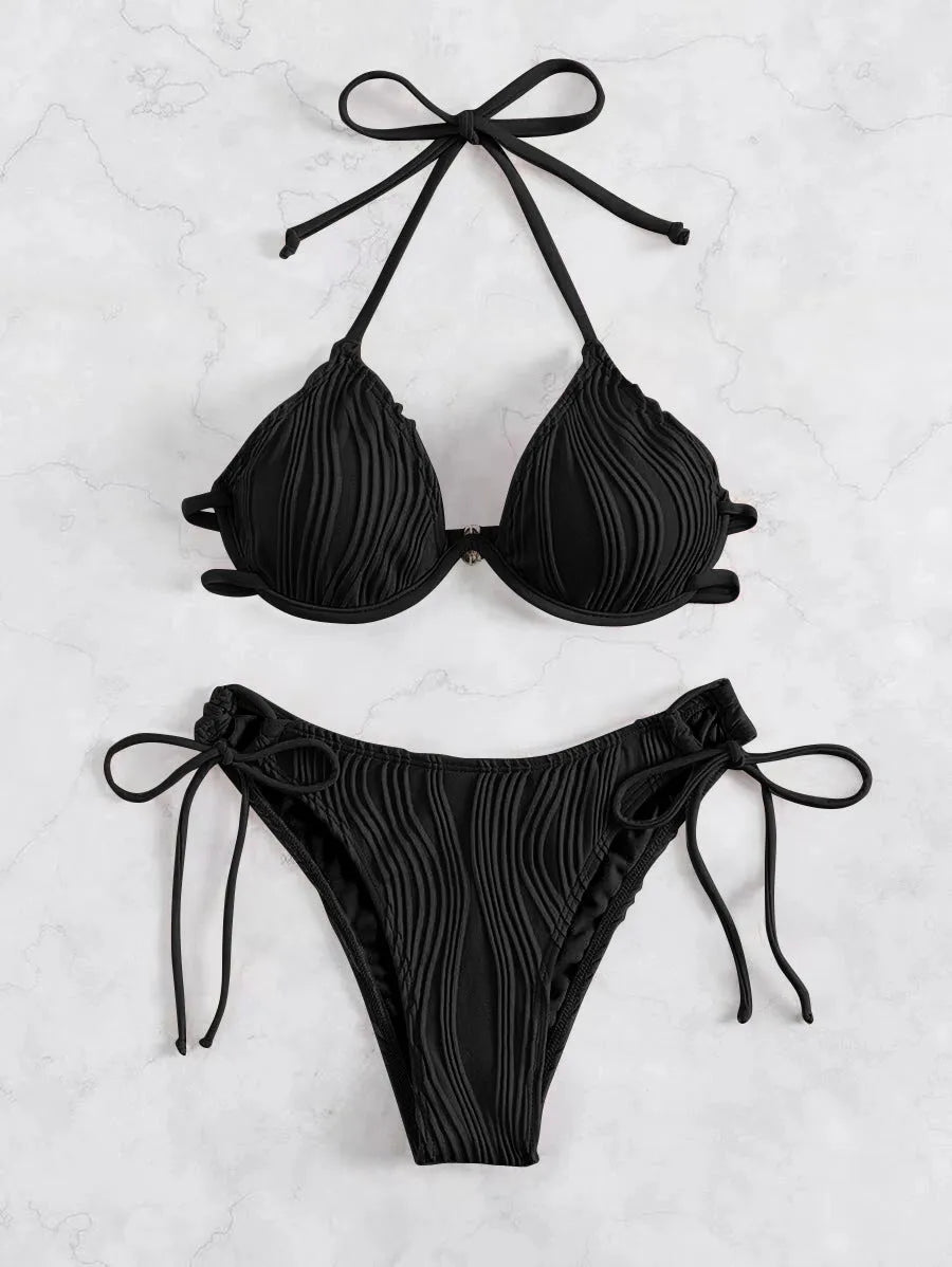 Women's black underwire bikini swimsuit with steel bracket support for swimming