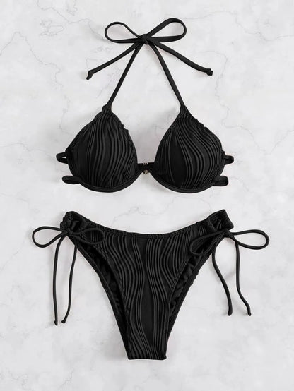 Women's black underwire bikini swimsuit with steel bracket support for swimming