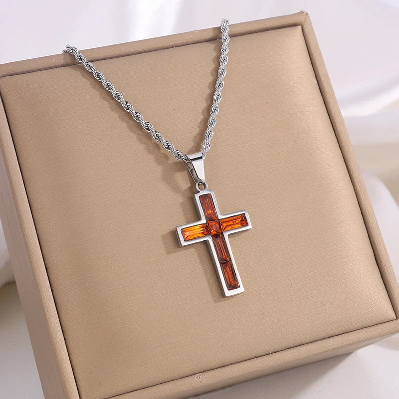 Elegant European and American-inspired diamond cross necklace with unique geometric design and vibrant, fade-resistant finish