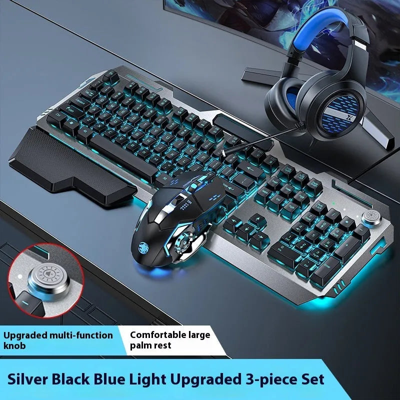 Aluminium alloy mechanical gaming keyboard with rainbow lighting, shown with a macro mouse and gaming headset.