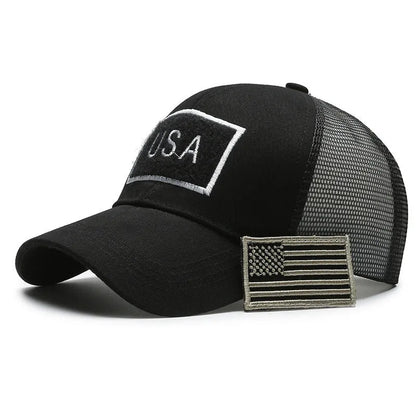 Adjustable camouflage baseball cap with Velcro closure and machine embroidery detailing