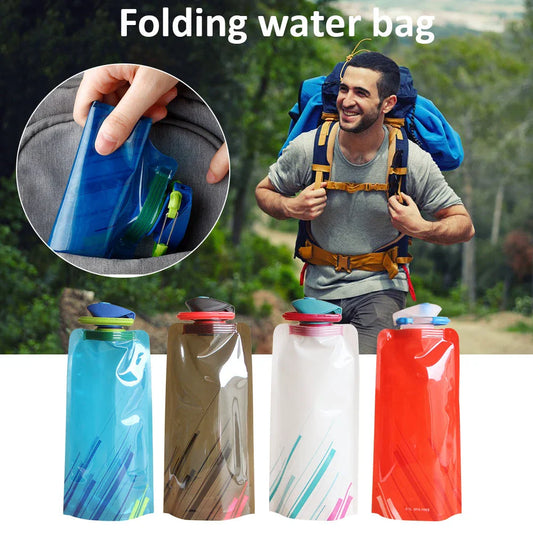 Premium collapsible water bottle in blue, white, and black colors with a compact and portable design for outdoor activities
