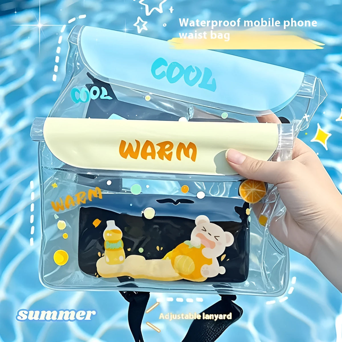 Waterproof PVC phone waist bag with adjustable waistband and touch screen, cartoon animal design, free size