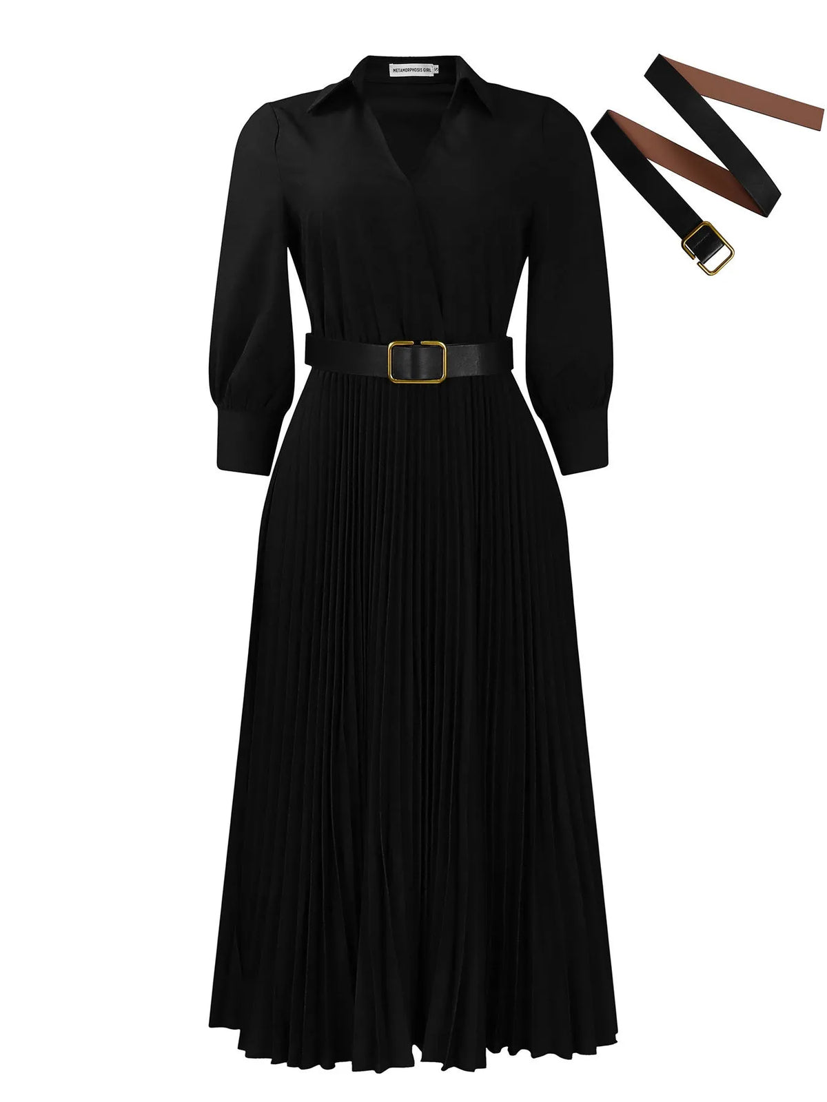 Women's solid colour pleated swing dress with polo collar, 3/4 sleeves and coordinating belt