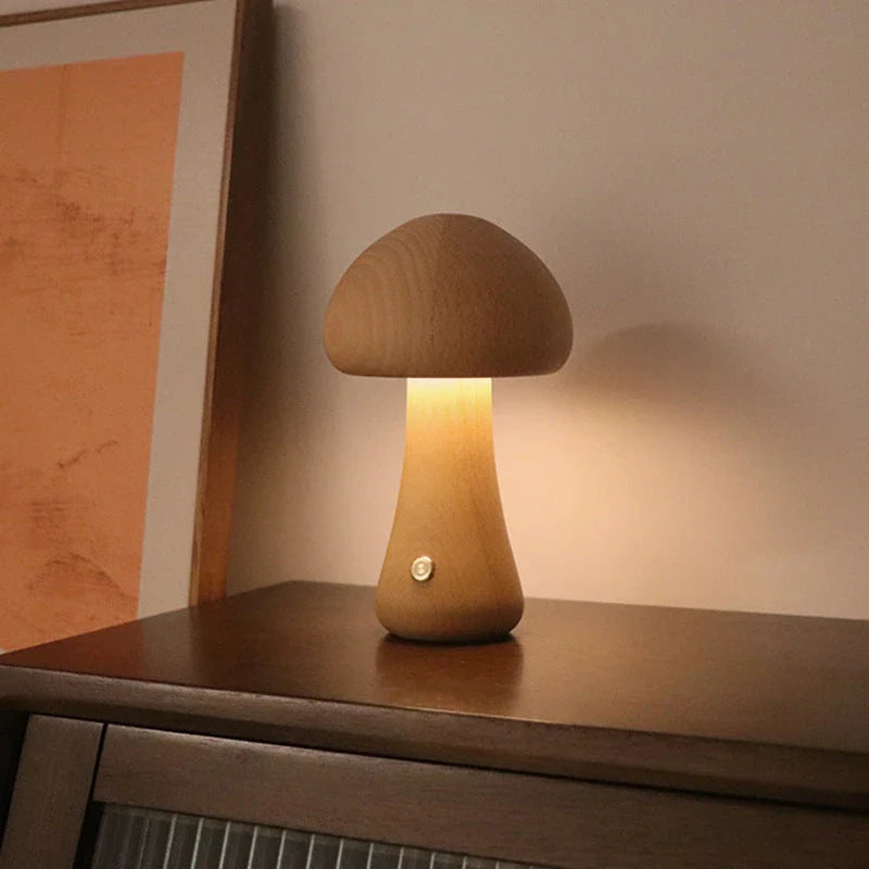 Charming wooden mushroom-shaped LED night light with touch control for bedroom, nursery, or living room decor