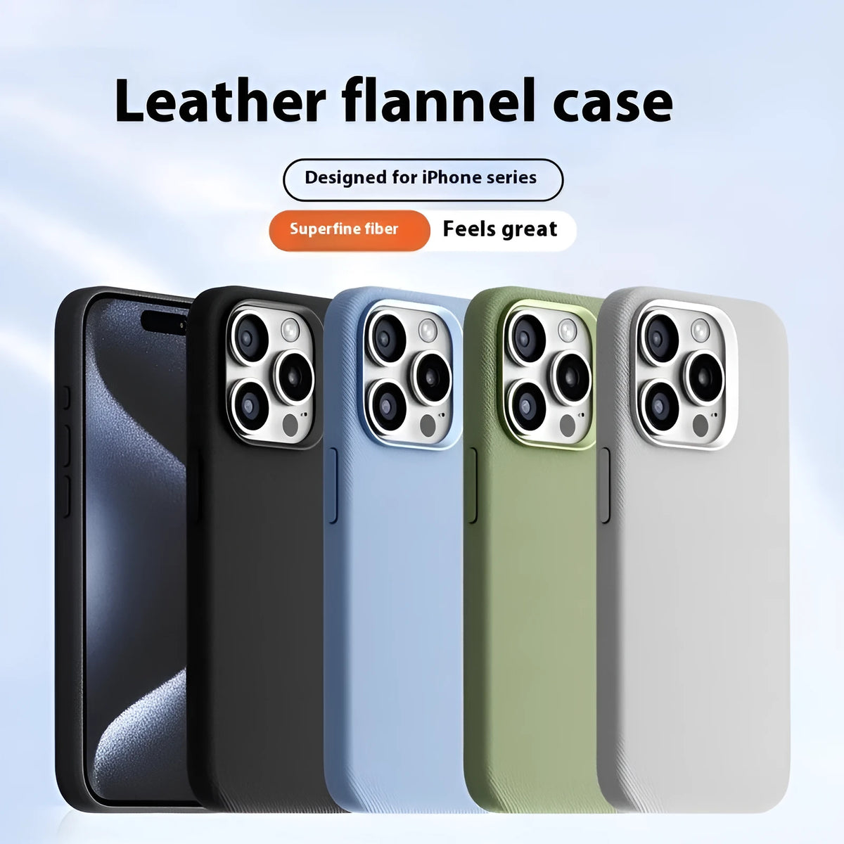 Leather flannel magnetic phone case for iPhone in silver gray, light blue, black, dark purple, bean green, fir green, orange, dark blue with frosted finish