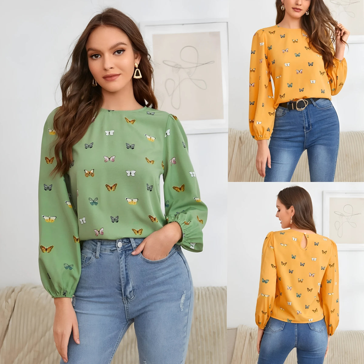 Women's butterfly print long-sleeved shirt in loose fit available in green or orange colours