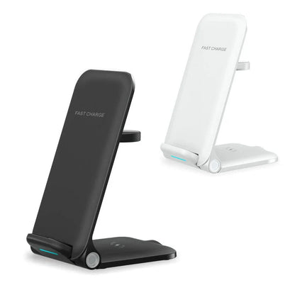 Adjustable three-in-one wireless charging station for smartphones, tablets, and smartwatches with space-saving and safety features