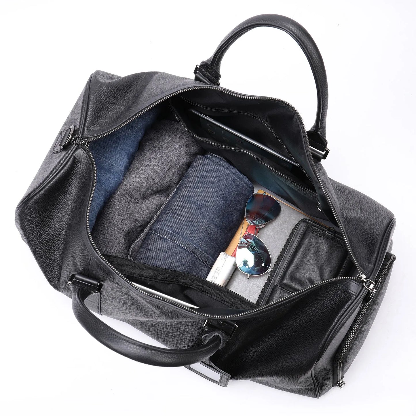 Men's leather excursion tote bag showing 44cm and 55cm size options in black and coffee colours