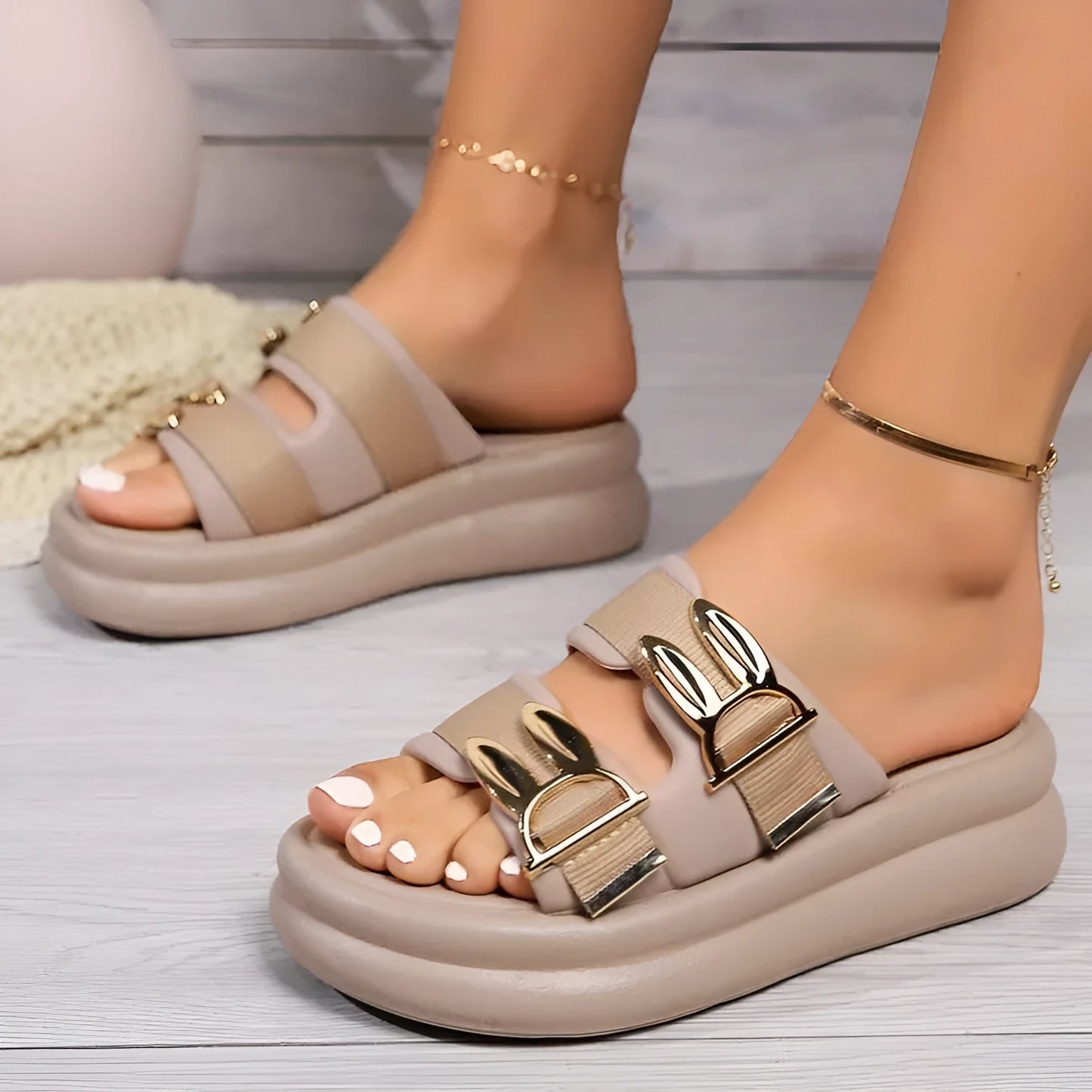 Women's suede slippers with thick rubber soles in apricot colour