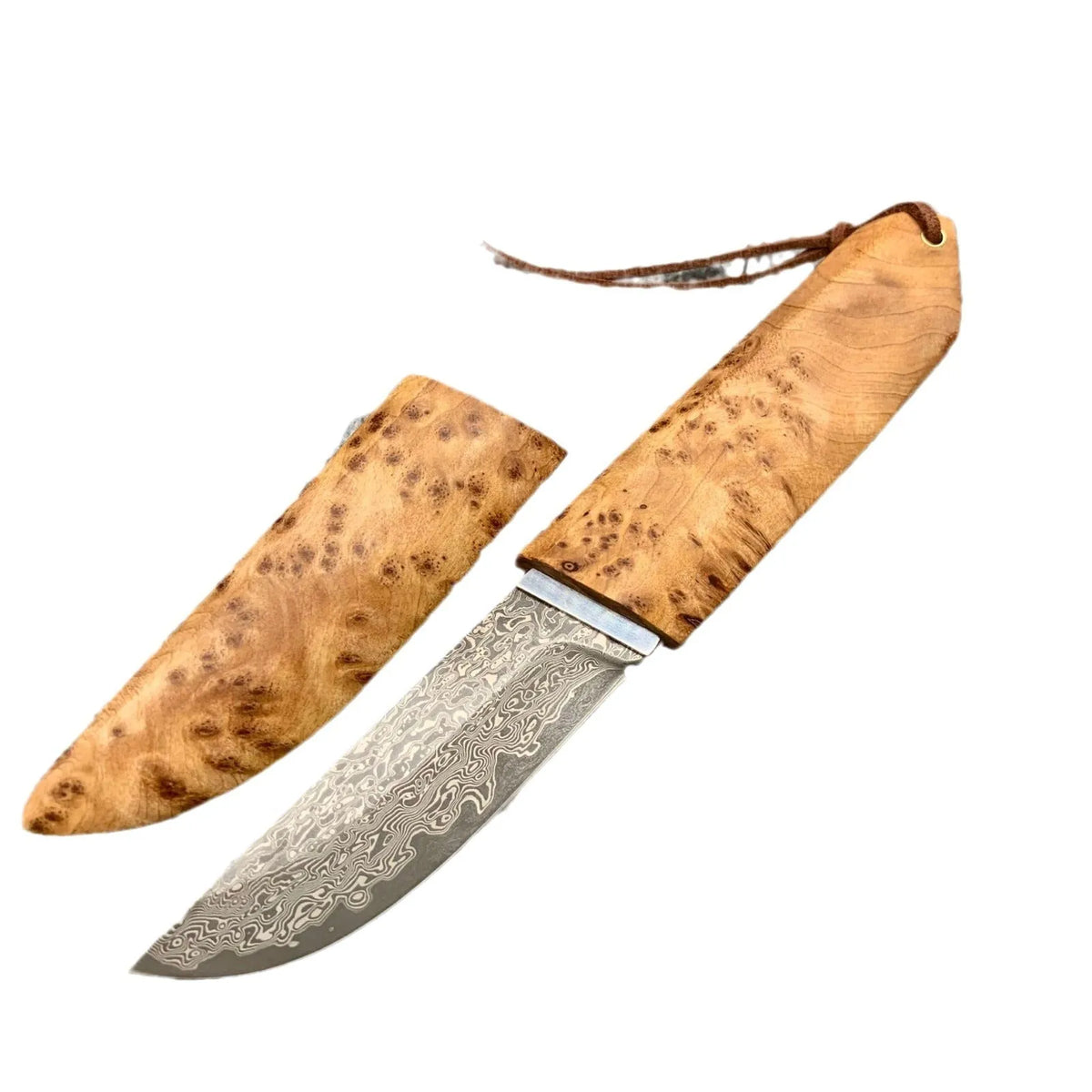 Outdoor Damascus pattern steel short knife with Thuja wood handle measuring 18cm