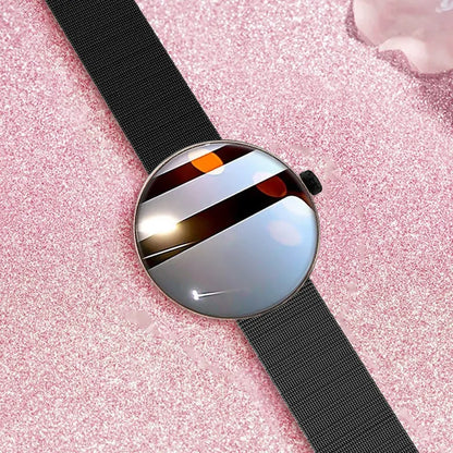 Women's smart watch with circular colour touch screen and metal strap in black, gold, or silver steel.