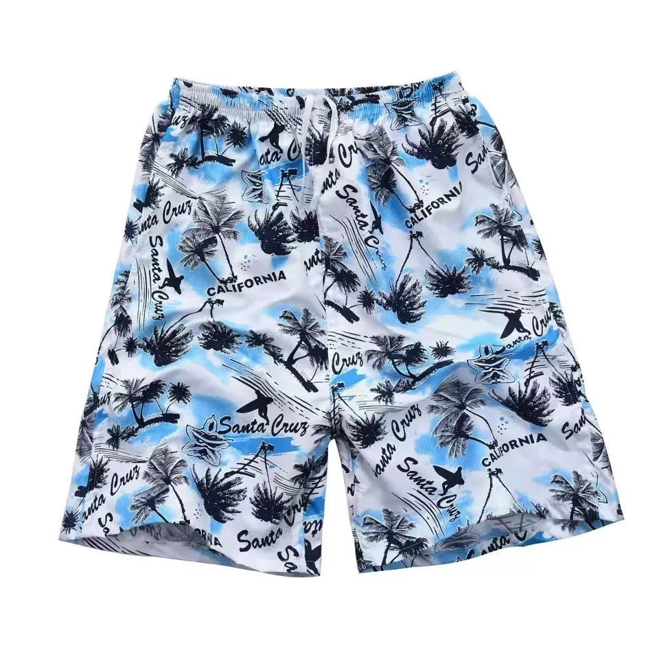 Men's floral patterned swim shorts with five-point cut design