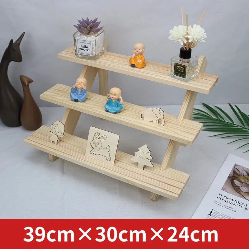 Multi-layer wooden stepped shelf in natural wood or walnut colour, shown in 2 to 5 tier floor-standing versions