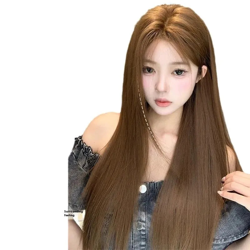 Warm brown long straight lace front wig with centre-parted bangs