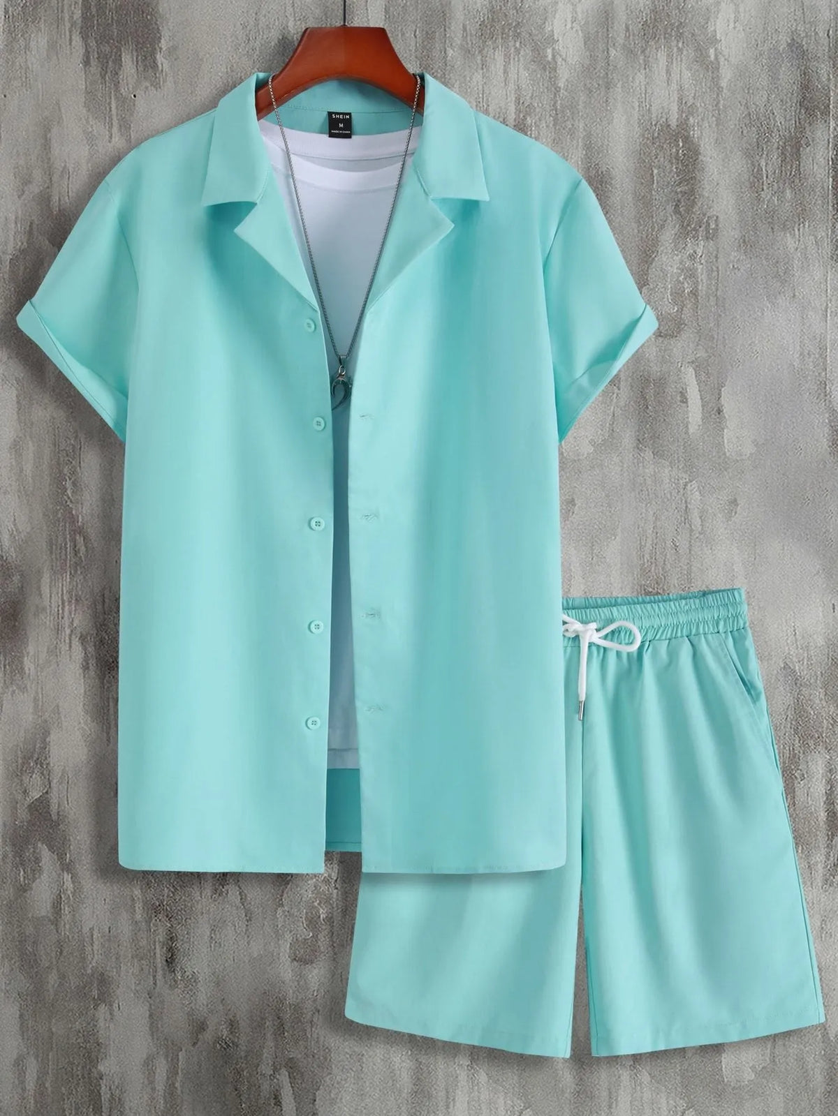 Men's short sleeve Cuban collar sport suit set with matching polyester shorts in multiple colour options