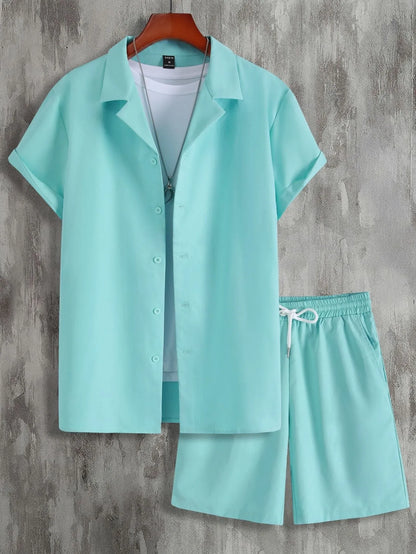 Men's short sleeve Cuban collar sport suit set with matching polyester shorts in multiple colour options