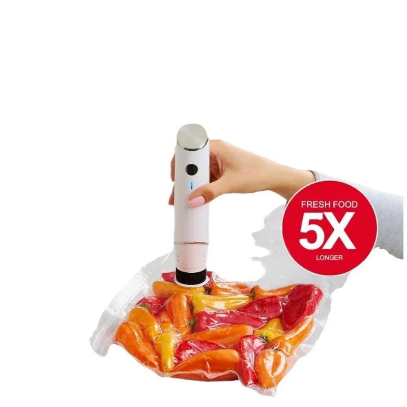 White USB electric vacuum suction pump with five clear 26x28cm plastic fresh-keeping zipper bags for food storage