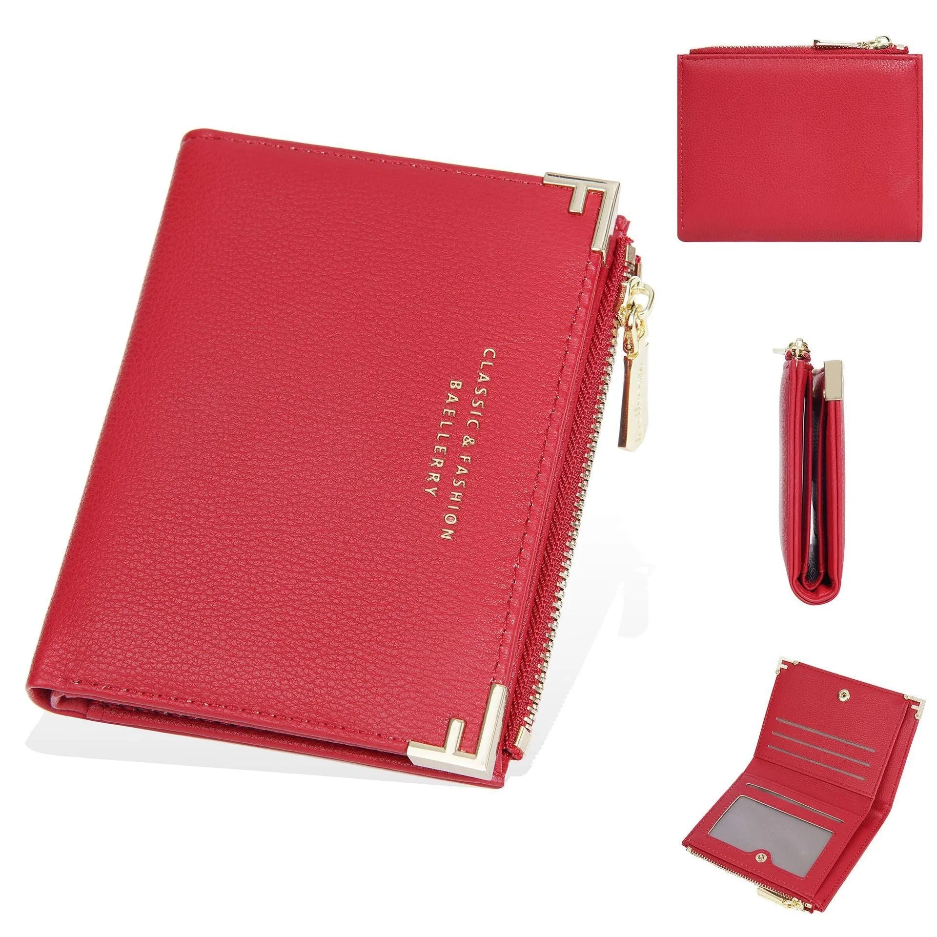 Compact women's wallet showing card slots and zipper coin purse in PU leather