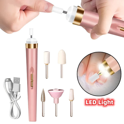 Cordless electric nail drill polisher set with USB charging cable and five grinding heads in white, red, pink colours