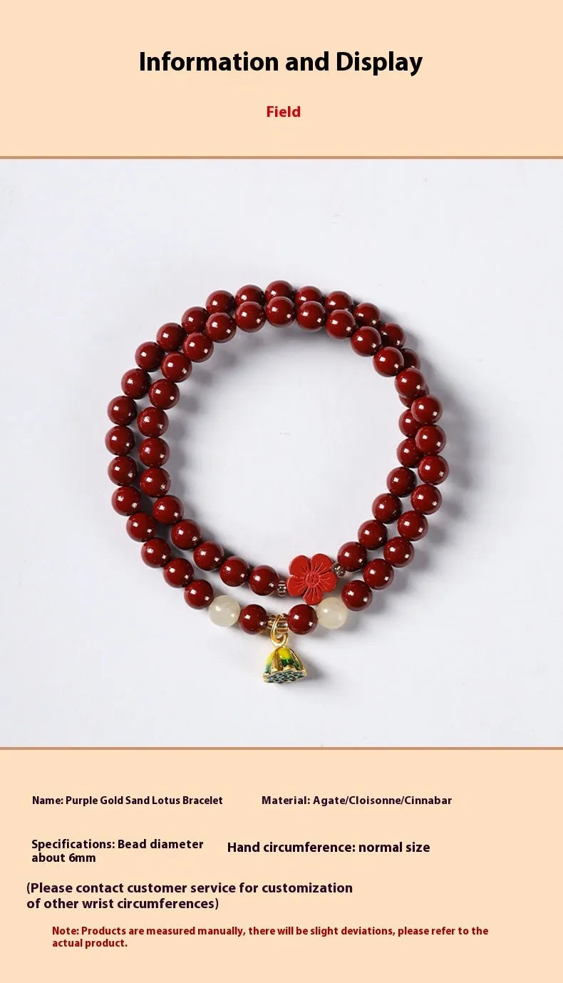 Purple gold sand hand-woven bracelet with double circle design and cinnabar beads