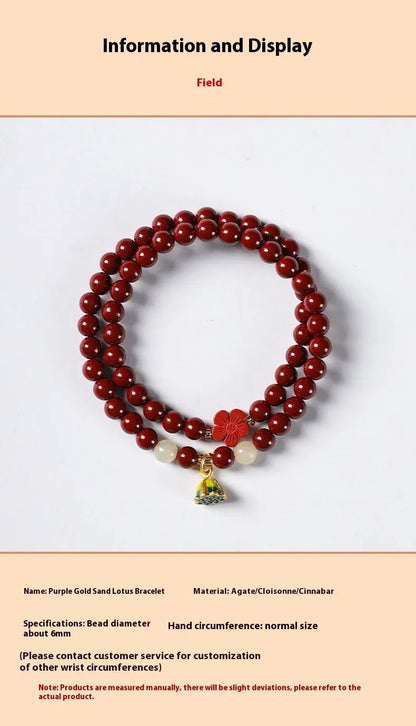 Purple gold sand hand-woven bracelet with double circle design and cinnabar beads
