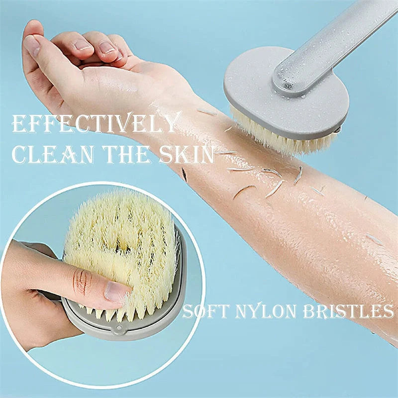 Dual-purpose shower brush with ergonomic handle and detachable head in yellow, grey, green, and pink