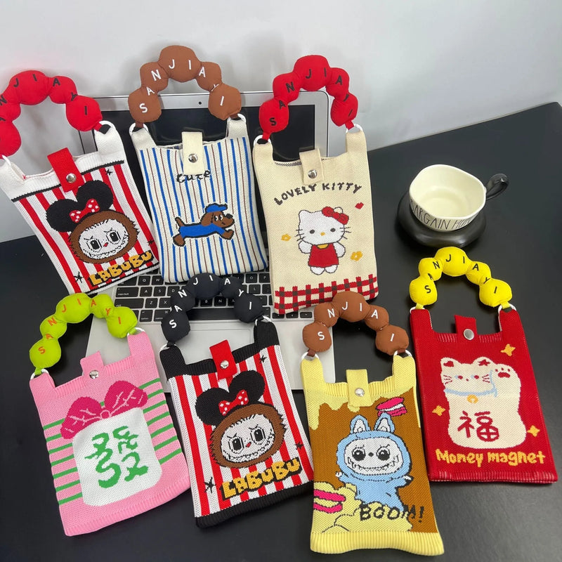 Cartoon knitted bag, polyester messenger bag with all-match design, urban simplicity style single shoulder strap, hand-carrying or shoulder-wear for daily use, available in Baby Bear, Backpack Duck, Balloon Rabbit and 30+ character styles.