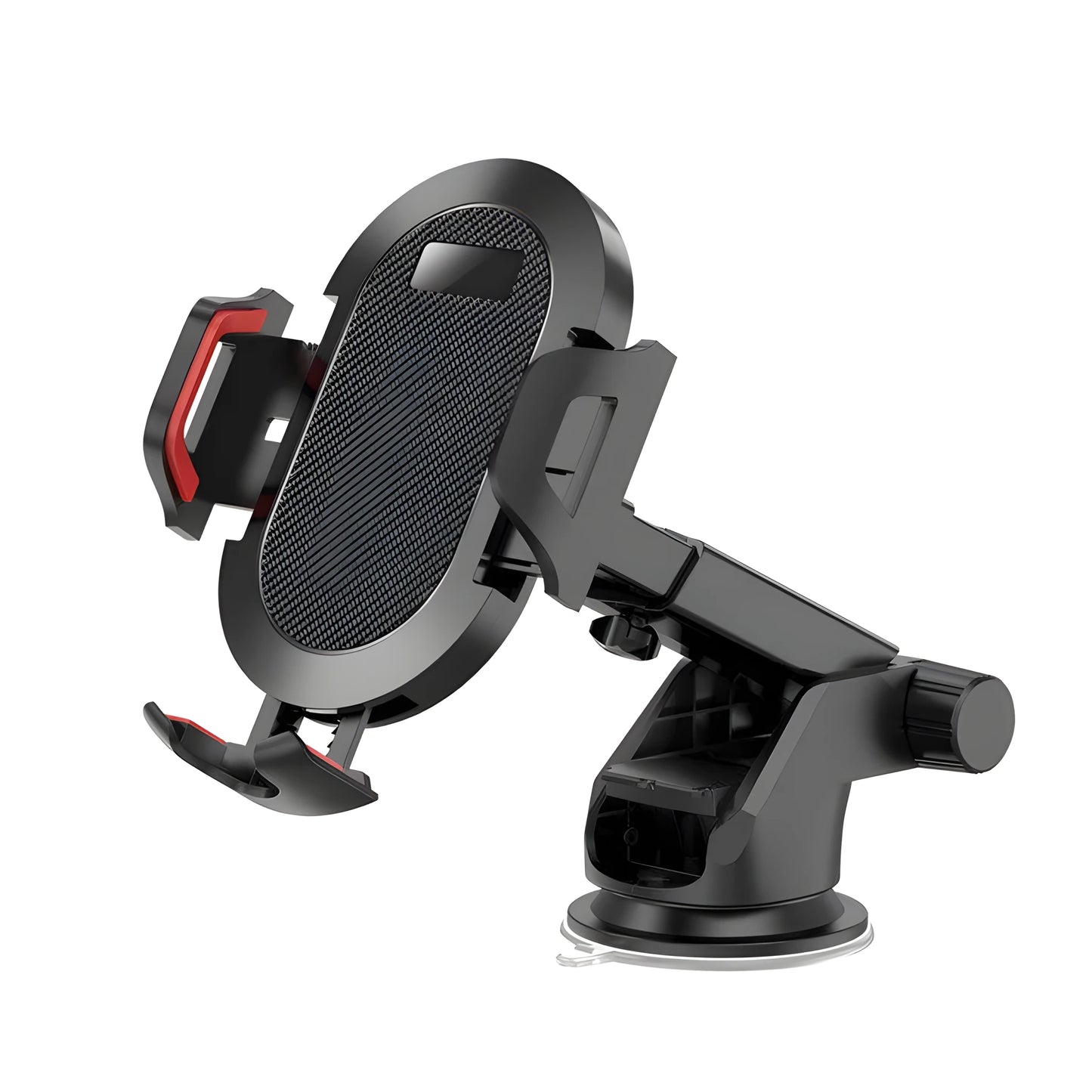 Auto lock car phone holder mounted on air vent, holding a mobile phone, in black grey colour