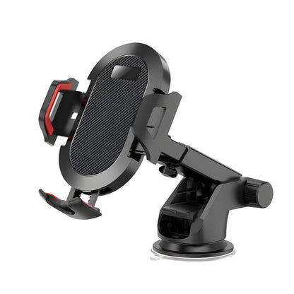 Auto lock car phone holder mounted on air vent, holding a mobile phone, in black grey colour