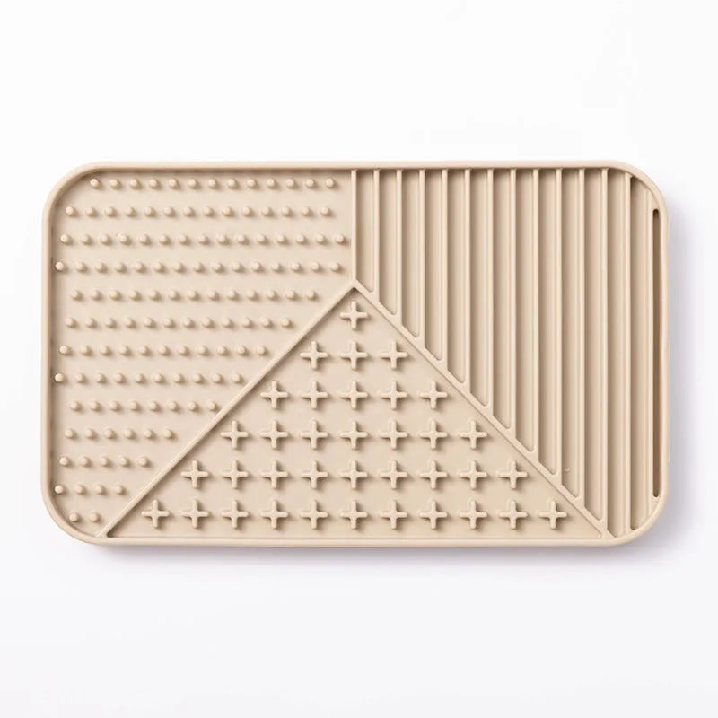 Silicone pet licking mat with suction cup base in pink, grey, or khaki colour options