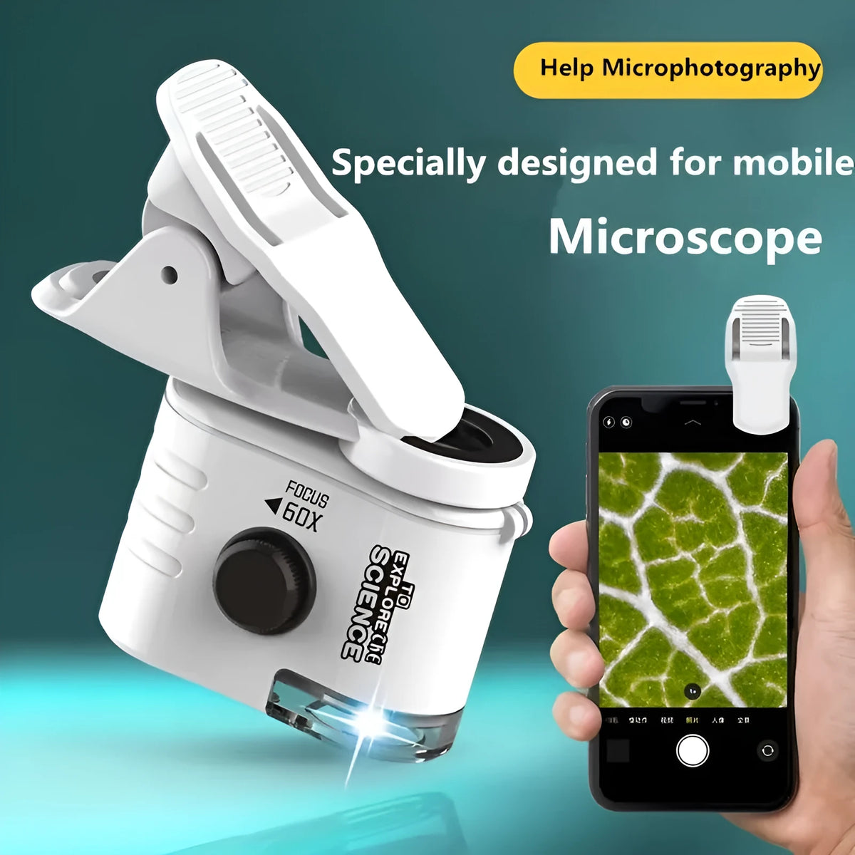 60x mobile phone microscope with LED light and universal adapter clip for smartphones