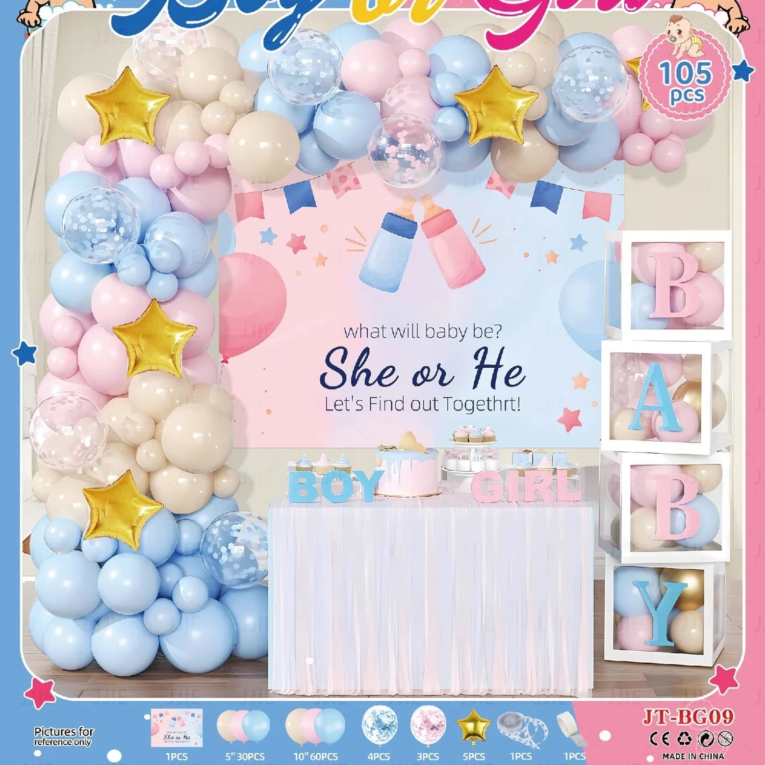 Baby gender reveal balloon decoration suit with metallic aluminium film balloons in pink and blue