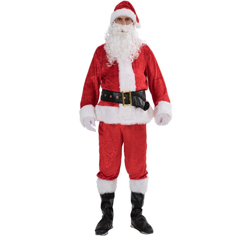 Premium Santa Claus costume with red and white design, including hat, top, pants, belt, boot covers, gloves, and beard