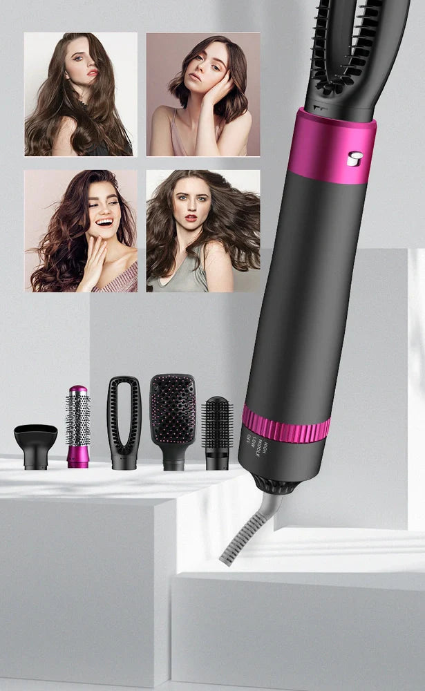 Gray 5-in-1 hot air comb curler hair dryer with styling comb and temperature adjustment buttons