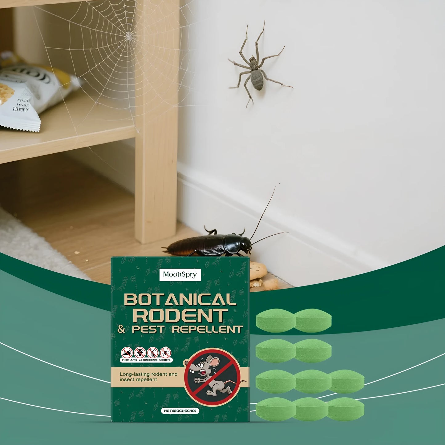 Pack of ten natural anti-mouse repellent pills and three mesh bags for rodent control.