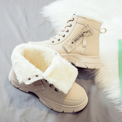 Women's plus size fleece-lined snow boots in tall crown design with mid heel and lace-up front