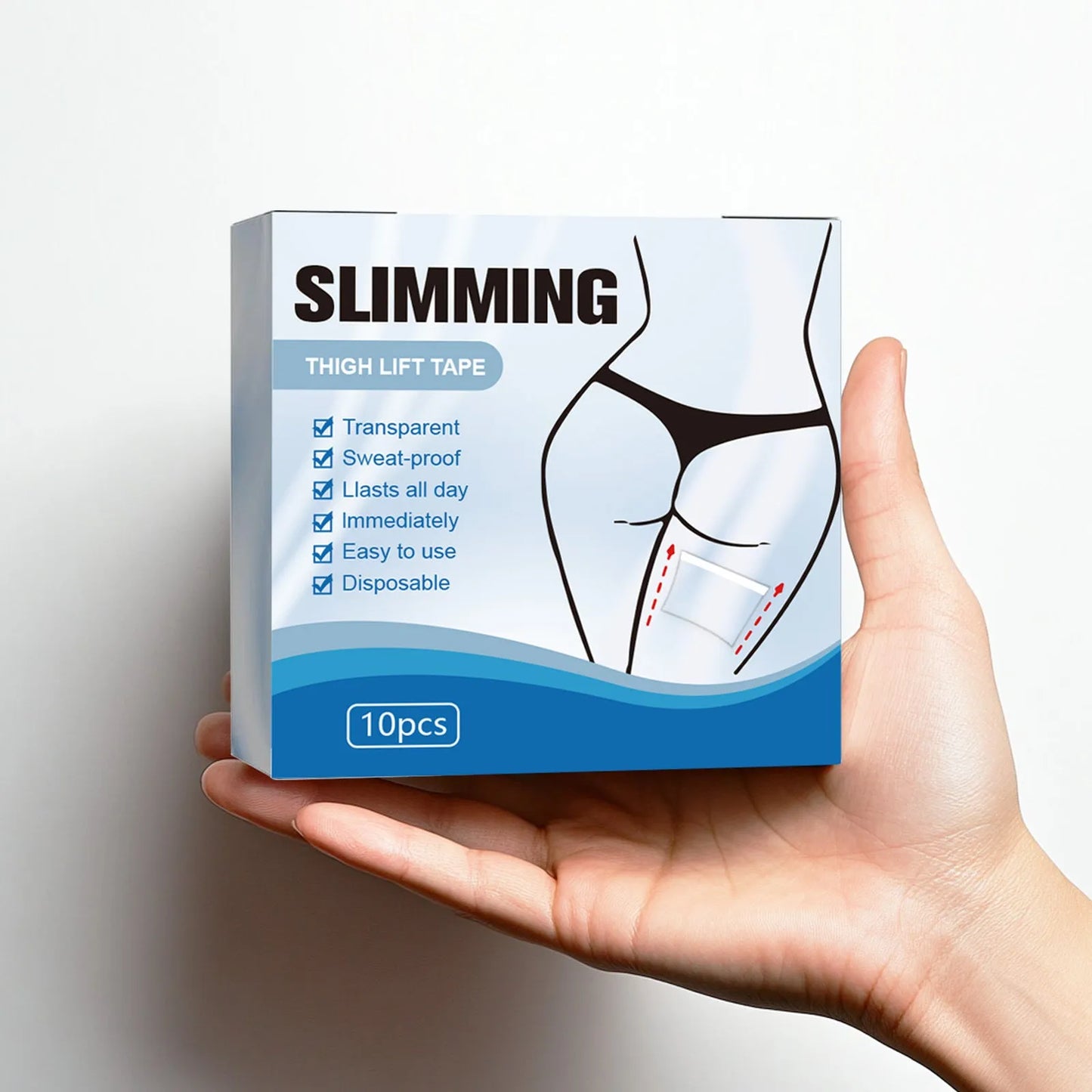 Ten square white body slimming patches for stomach tightening, each measuring 12cm.